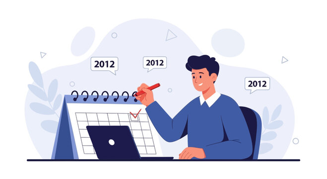 Man marking a date on a calendar, planning for the year 2012, with a laptop on desk. Business planning, time management concept.