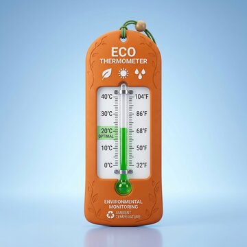 Sustainable eco thermometer for environmental monitoring and climate control showing optimal temperature on blue background.
