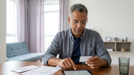Obraz premium Online bill payment, personal finance, payment planning concept with man holding payment card at home.