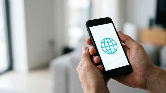 Mobile internet, global web access, smartphone connection concept with hand holding phone and globe icon.