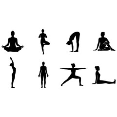 Obraz premium Set of black yoga pose silhouettes showing different exercise positions for fitness and health
