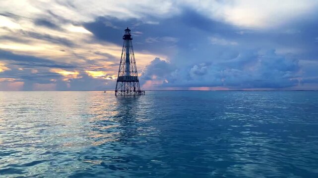 Sunset over ocean with lighthouse and buoy on tranquil water, peaceful atmosphere.