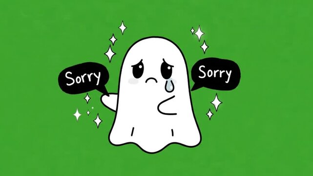 Sad Crying Cartoon Ghost Saying Sorry Speech Bubbles on Green Screen. 4K Video