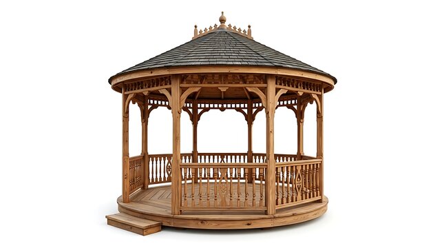 Elegant Wooden Garden Gazebo Isolated on White Background.