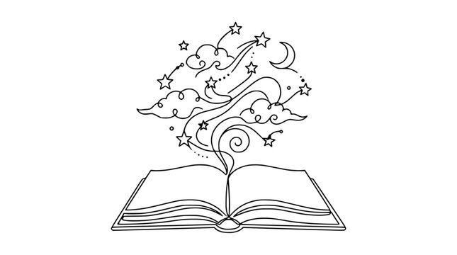 Open Book with Magical Stars and Clouds Illustration, Transparent Background