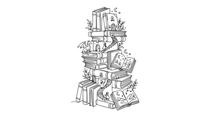 Fototapeta premium Fantasy Books Stack Illustration: Dragon, Castle, Stairs, Moon, Stars, Isolated
