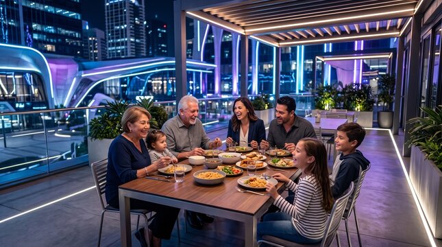 Multi generational family enjoying dinner on a modern rooftop terrace at night