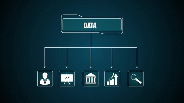 Digital data flow diagram with connected business icons, abstract network structure visualization, glowing futuristic user interface element for technology video