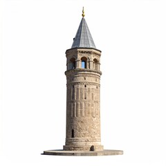 Obraz premium Isolated vertical stone structure, cylindrical base, peaked roof, weathered texture, open windows, golden spire