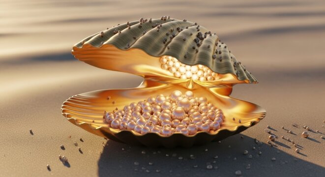 Open scallop shell with iridescent interior resting on sandy beach shore