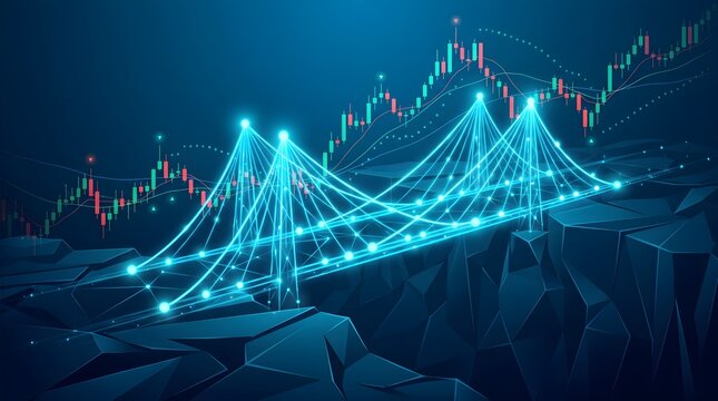 High-tech digital network bridge with glowing stock market graphs over a dark corporate background.