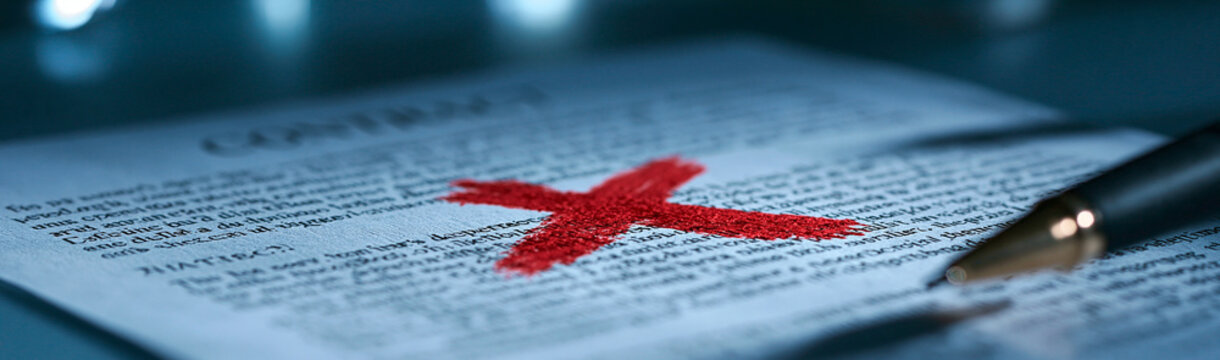 Red Cross on Contract: A close-up shot of a document with a prominent red cross mark, signifying rejection or cancellation, with a pen poised nearby.