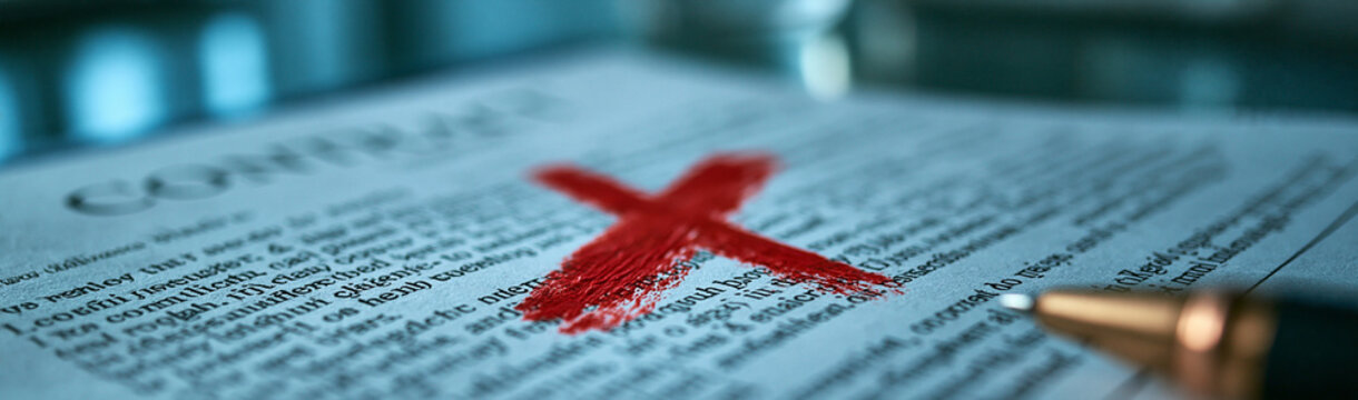 Red Cross Out on Contract: A contract document with a large red 'X' marking an item or clause, signifying rejection, disapproval, or cancellation. A pen is visible in the foreground.