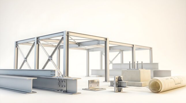 Precision steel building framework with structural engineering elements on white.