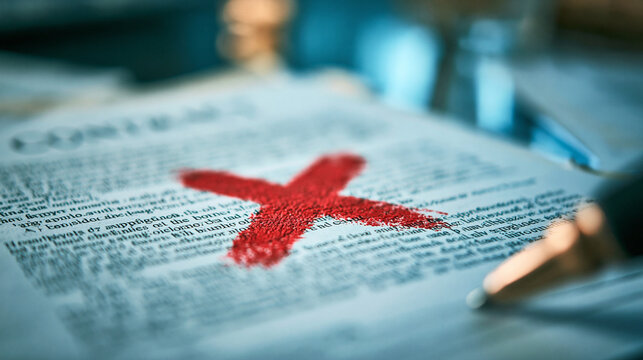 Red X Mark on Document: A close-up shot of a document with a large red 'X' marked across it, suggesting rejection, error, or negation.