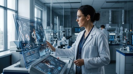 Fototapeta premium Scientist Analyzes Futuristic Holographic DNA Data In Advanced Research Laboratory