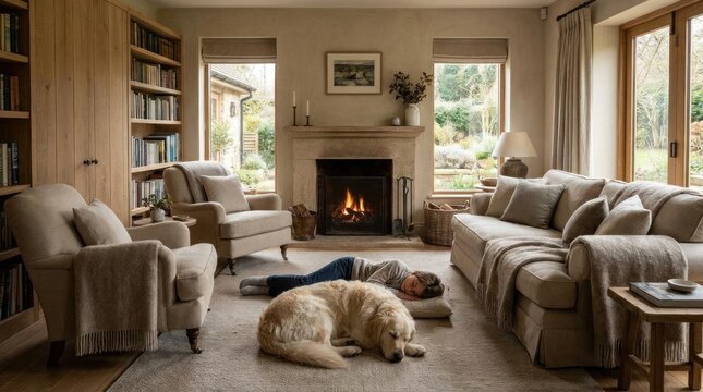 Warm living room interior featuring a fireplace, comfortable armchairs, and a dog resting on the rug.