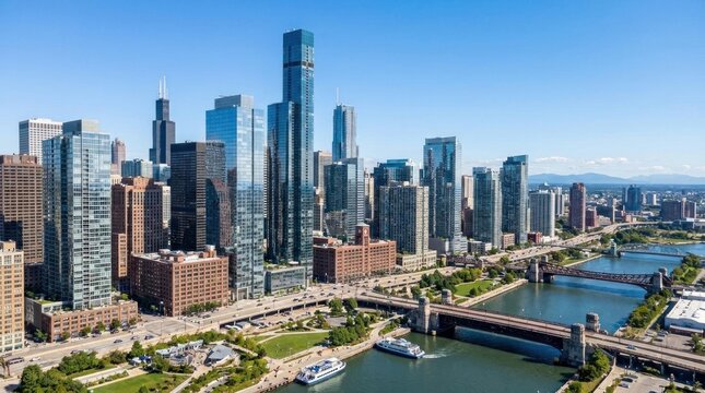 Waterfront city skyline with skyscrapers and river bridges under blue sky.