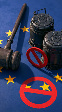 Embargo and Sanction: A judge's gavel, two industrial barrels, and red prohibition signs are placed on the European Union flag, symbolizing economic sanctions and trade restrictions.