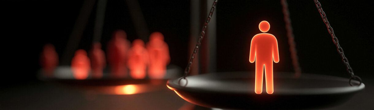 Justice scales: A conceptual image representing justice, where a single human figure is weighed against a group of figures, symbolizing balance and fairness in a dramatic, lit setting.