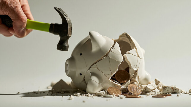 Shattered Piggy Bank: A hand holding a hammer poised to smash a white piggy bank, coins spilling out from the broken fragments, symbolizing financial crisis or debt.
