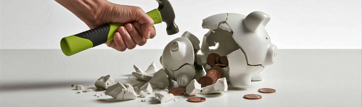 Shattered Savings: A hand holding a hammer smashes a piggy bank, scattering broken ceramic and coins, symbolizing financial ruin or debt.