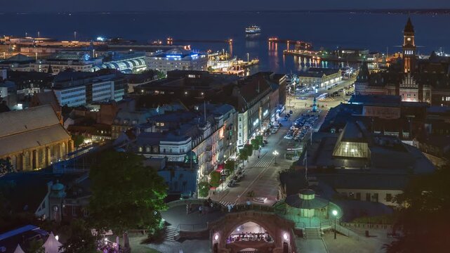 Helsingborg Harbor and Ferry Traffic at Twilight High Angle