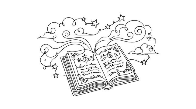 Open Book with Magical Swirls, Stars, and Clouds - Isolated