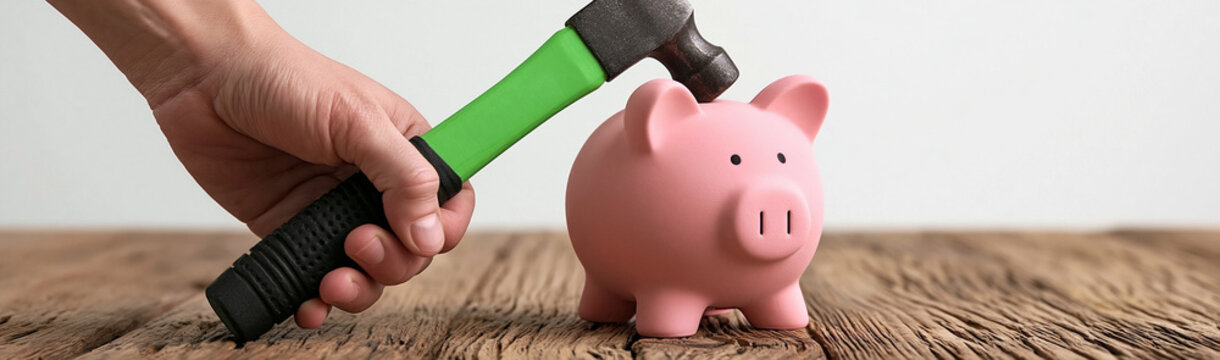 Smashing the Piggy Bank: A hand wields a hammer to break open a classic pink piggy bank, symbolizing the end of saving and the release of accumulated funds.