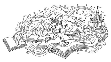 Fototapeta premium Child's Imagination: Girl Running Through Fantasy World from Open Books