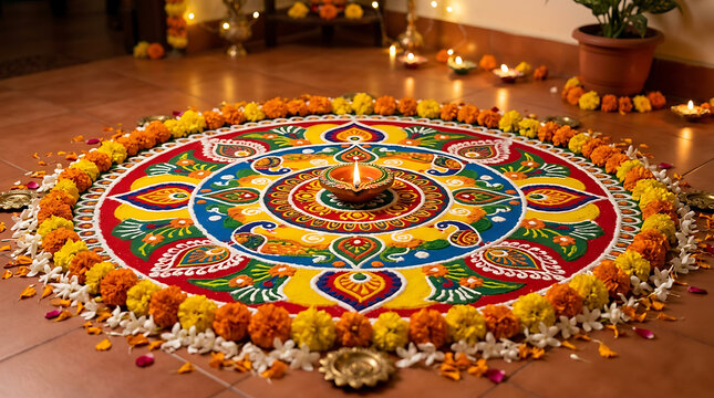 Colorful rangoli floor art with lit diya lamp