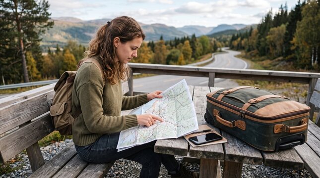 Woman with backpack studying map on wooden table with suitcase and phone