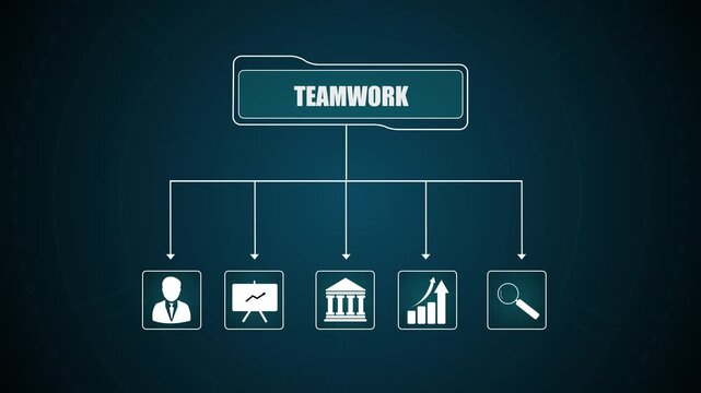 Teamwork organizational flow diagram showing corporate collaboration, business icons connected to team strategy, professional management structure.