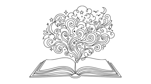 Open book with magical fantasy swirls, stars, clouds, and music notes