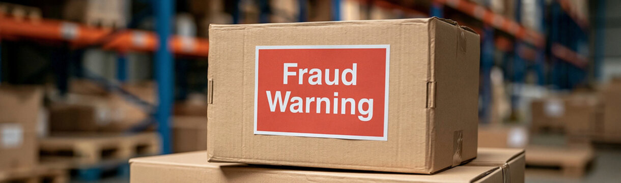 Fraud Warning Cardboard Box in Warehouse: A cautionary sign, Fraud Warning, is prominently displayed on a cardboard box in a bustling warehouse.