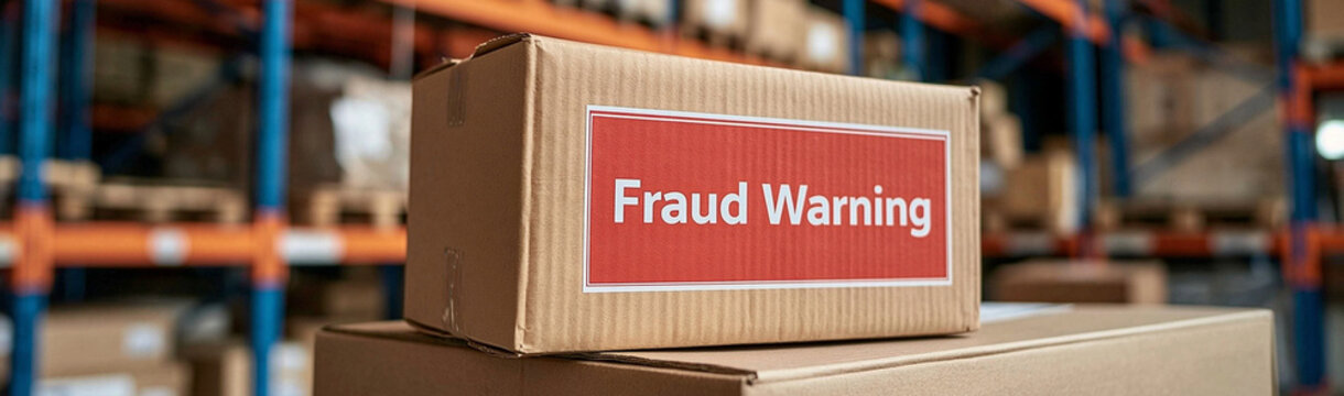 Fraud Warning Label on Cardboard Box in Warehouse: A cardboard box in a warehouse setting bears a red Fraud Warning label, indicating a potential issue with the shipment or its contents.