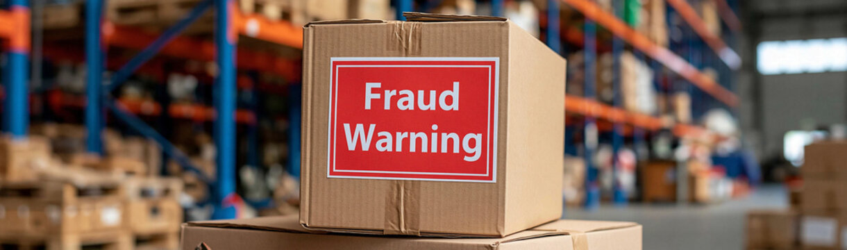 Fraudulent Shipment Alert: A cardboard box in a warehouse displays a red sign with Fraud Warning, highlighting a potential issue in the supply chain.