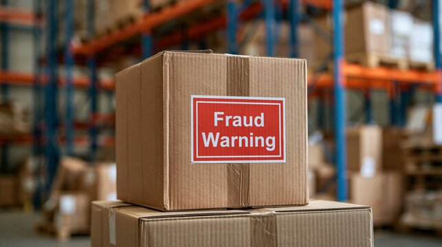 Cardboard Box with Fraud Warning Label in Warehouse: A close-up shot of a cardboard box with a prominent red and white Fraud Warning label.