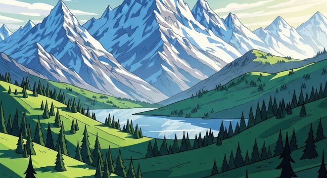 Majestic snow capped mountains overlook a serene lake and lush green valley