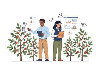 Obraz premium Smart Farming Concept with Agronomists Monitoring Coffee Plantation using IoT Sensors and Data Analytics