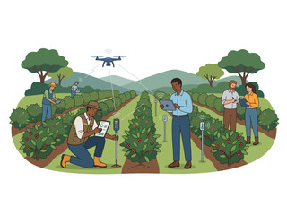 Fototapeta premium Smart Farming and Precision Agriculture Illustration with Farmers Using Drones and IoT Sensors in a Plantation
