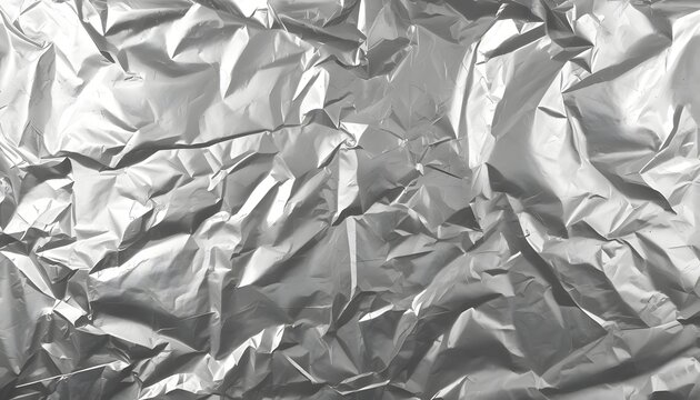 Close-up of crumpled silver matte foil texture with soft light reflections for modern design backgrounds