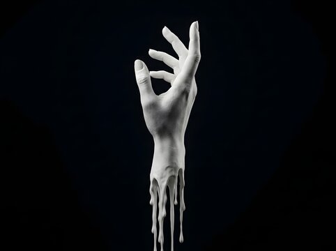 Surreal Melting Human Hand Sculpture Against Deep Black Background with Fluid Artistic Drips and Dramatic Lighting