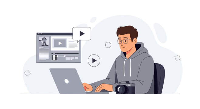 Young man editing videos on a laptop with a camera nearby, modern vector illustration