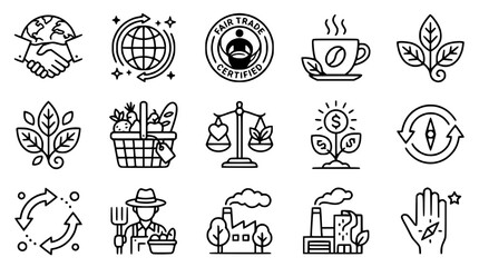 Fototapeta premium Sustainable Business Icons: Fair Trade, Farming, Ecology, Coffee, Earth