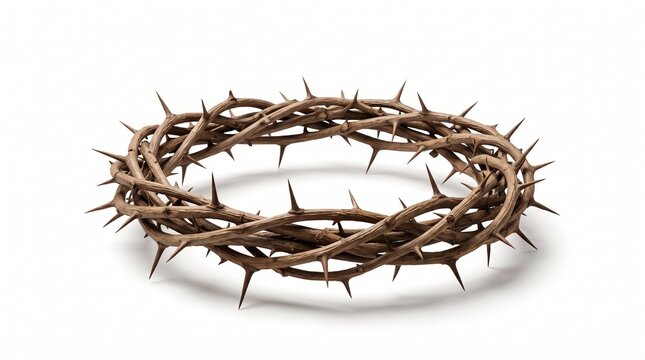 A realistic crown of thorns made of twisted branches and sharp spikes isolated on a clean white background symbolizing sacrifice and suffering