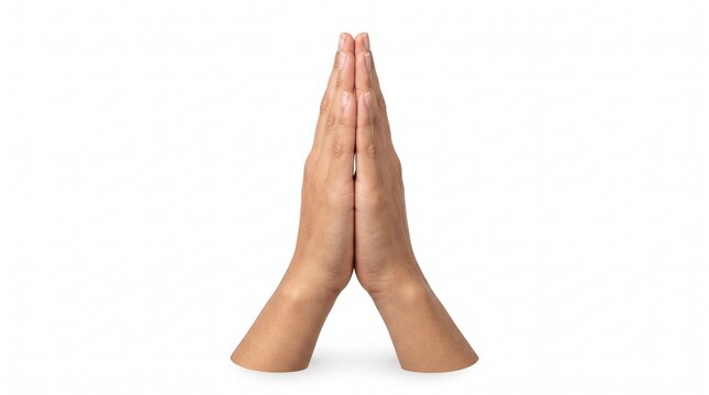 Human hands pressed together in prayer or greeting gesture isolated on white background