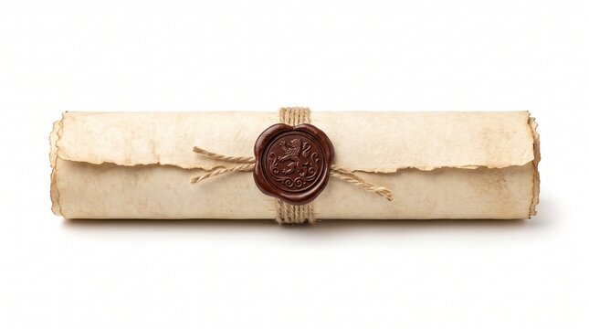 Ancient Scroll Tied With Twine and Sealed With Wax Emblem Isolated on White Background