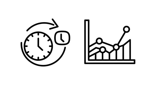 Clock time tracking icon and financial growth chart outline vector symbol