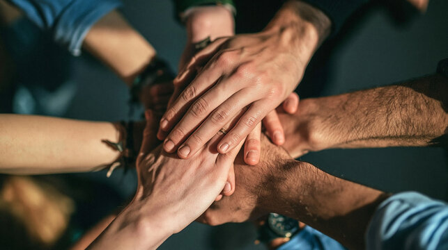 Hands Together in Unity: A close-up shot captures a group of diverse hands stacked in a powerful gesture of solidarity and teamwork, symbolizing collective strength and shared purpose.
